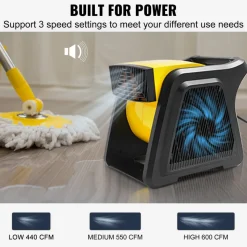 VEVOR Pivoting Utility Fan, 600 CFM High Velocity Floor Blower for Drying, Cooling, Ventilating, Exhausting, 300° Blowing Angle Air Mover, Portable Carpet Dryer Fan for Home, Work Shop