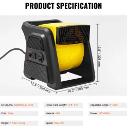 VEVOR Pivoting Utility Fan, 600 CFM High Velocity Floor Blower for Drying, Cooling, Ventilating, Exhausting, 300° Blowing Angle Air Mover, Portable Carpet Dryer Fan for Home, Work Shop