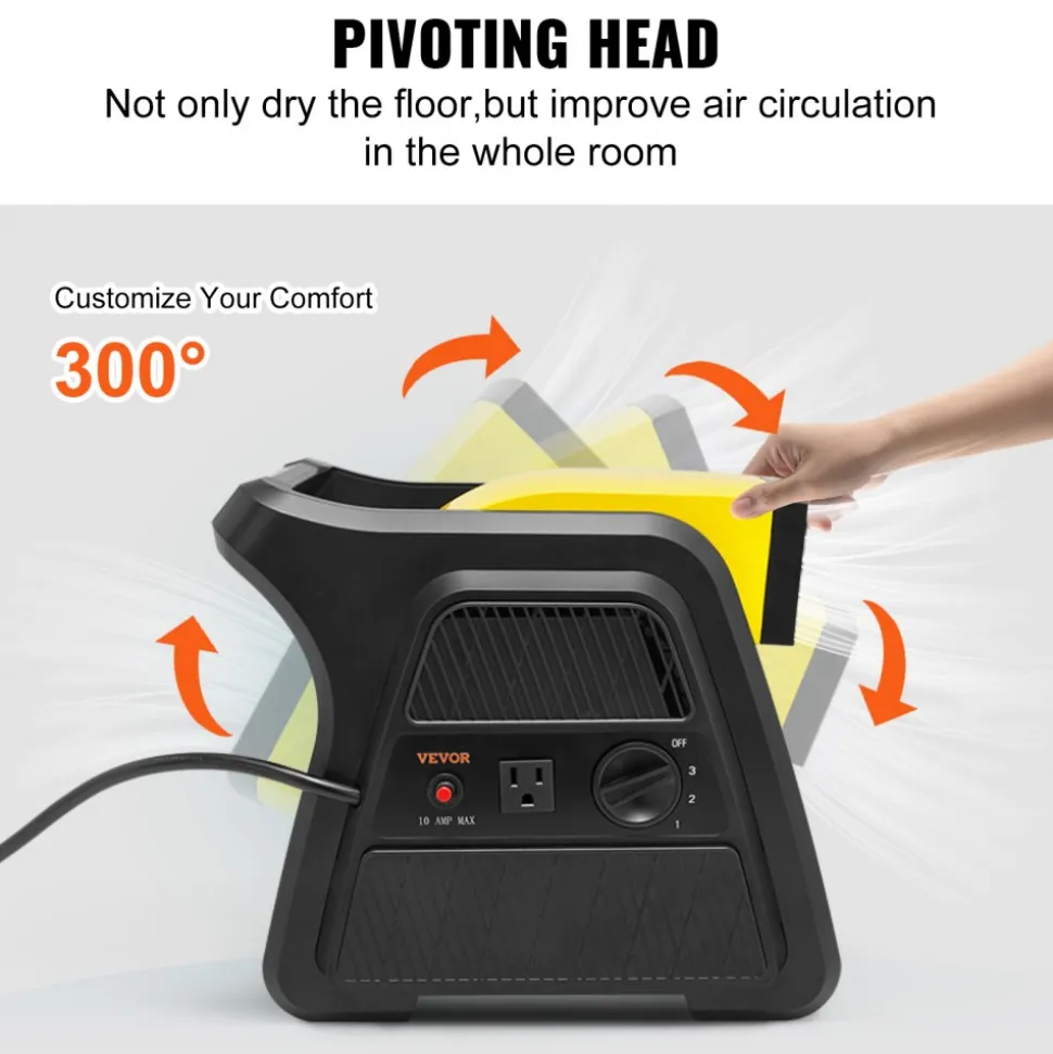 VEVOR Pivoting Utility Fan, 600 CFM High Velocity Floor Blower for Drying, Cooling, Ventilating, Exhausting, 300° Blowing Angle Air Mover, Portable Carpet Dryer Fan for Home, Work Shop
