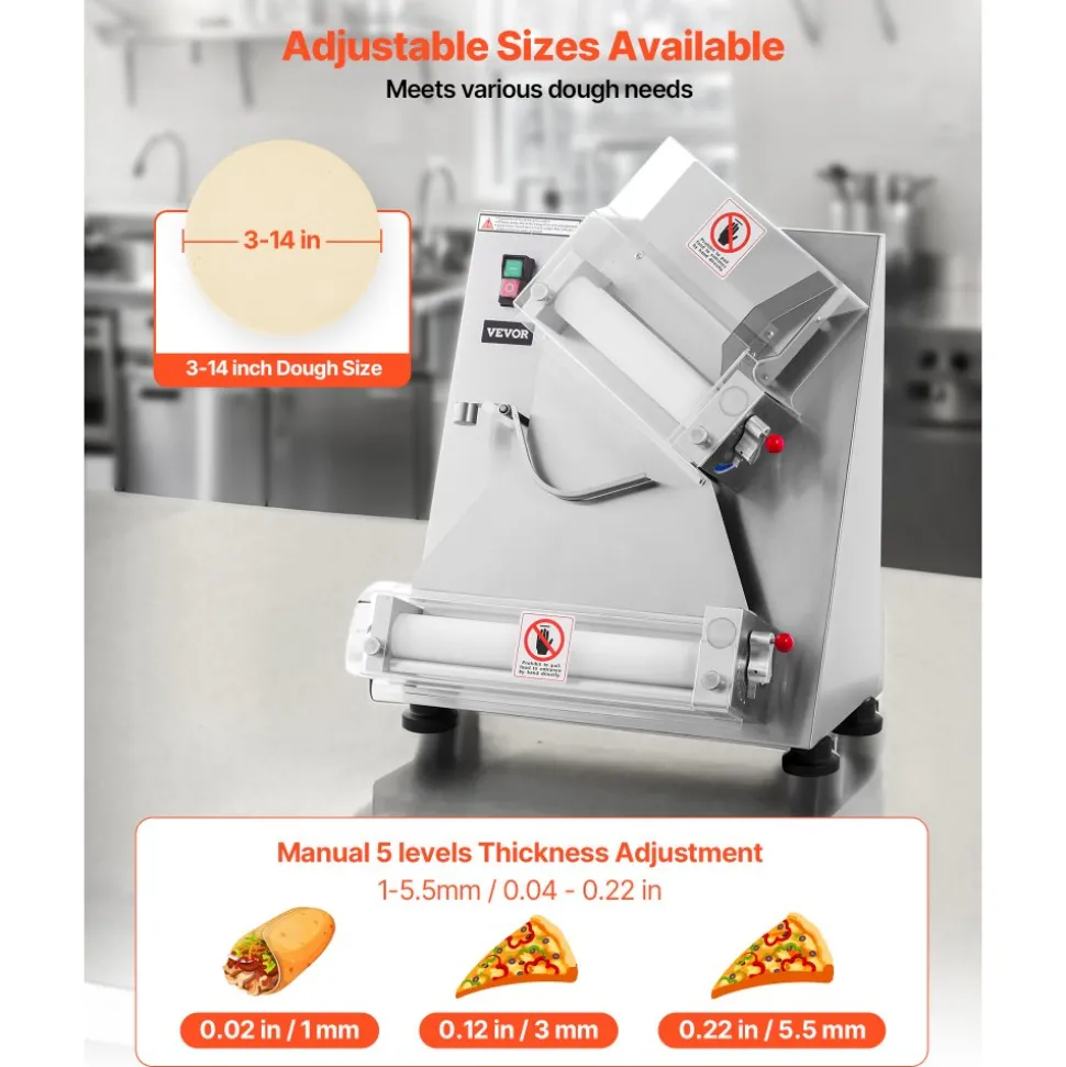 VEVOR Pizza Dough Roller Sheeter, 3-14 Inch Automatic Stainless Steel Pizza Press, Commercial Electric 370W Pasta Maker Machine, 260 pcs Per Hour, Adjustable Thickness, with Dough Press Lid