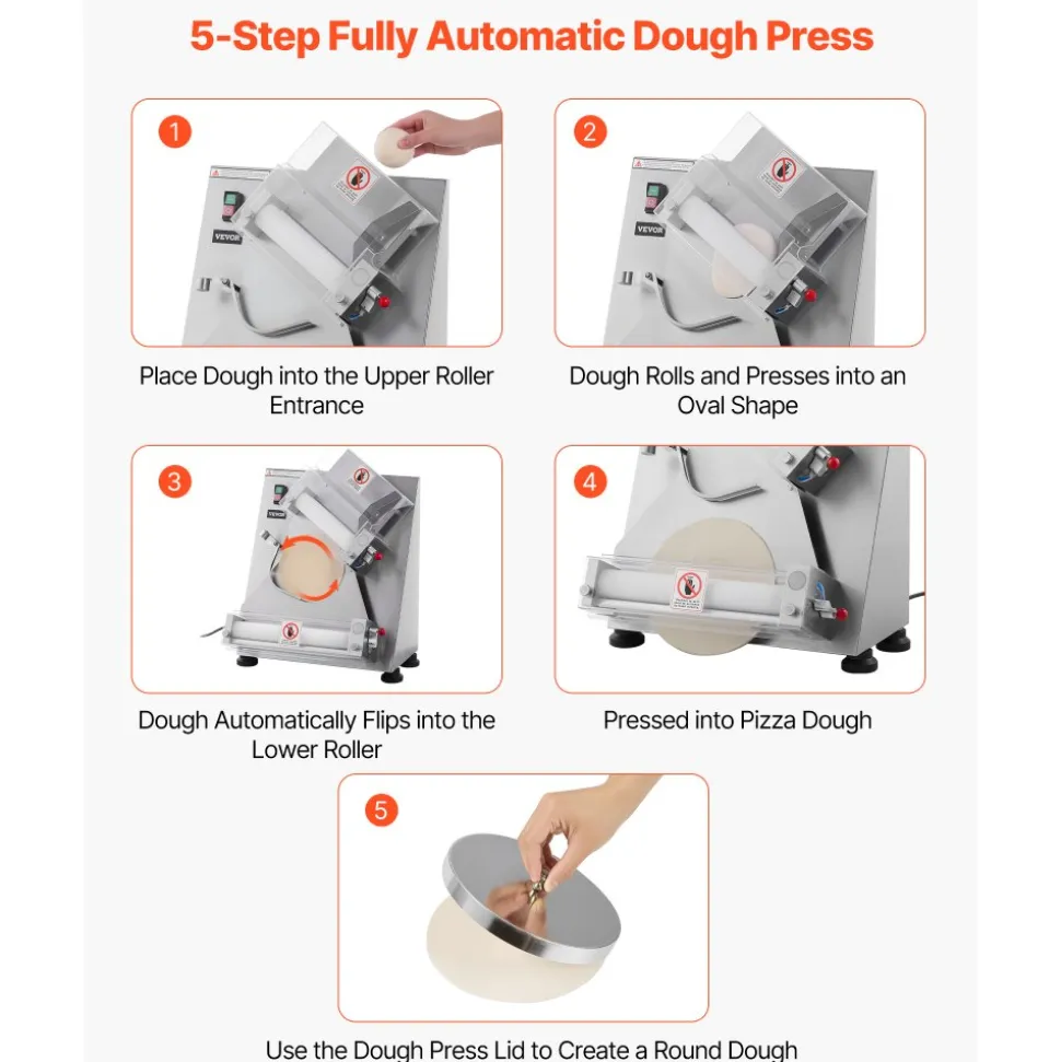 VEVOR Pizza Dough Roller Sheeter, 3-14 Inch Automatic Stainless Steel Pizza Press, Commercial Electric 370W Pasta Maker Machine, 260 pcs Per Hour, Adjustable Thickness, with Dough Press Lid