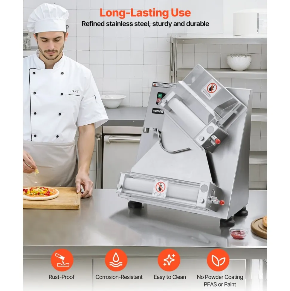 VEVOR Pizza Dough Roller Sheeter, 3-14 Inch Automatic Stainless Steel Pizza Press, Commercial Electric 370W Pasta Maker Machine, 260 pcs Per Hour, Adjustable Thickness, with Dough Press Lid