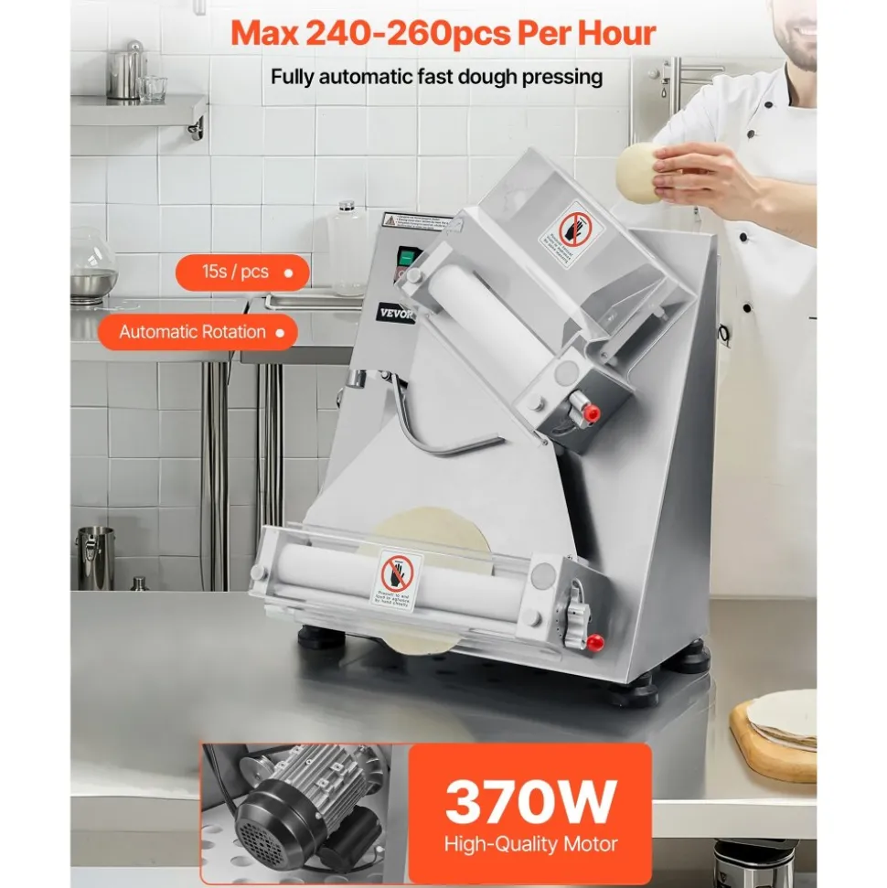 VEVOR Pizza Dough Roller Sheeter, 3-14 Inch Automatic Stainless Steel Pizza Press, Commercial Electric 370W Pasta Maker Machine, 260 pcs Per Hour, Adjustable Thickness, with Dough Press Lid