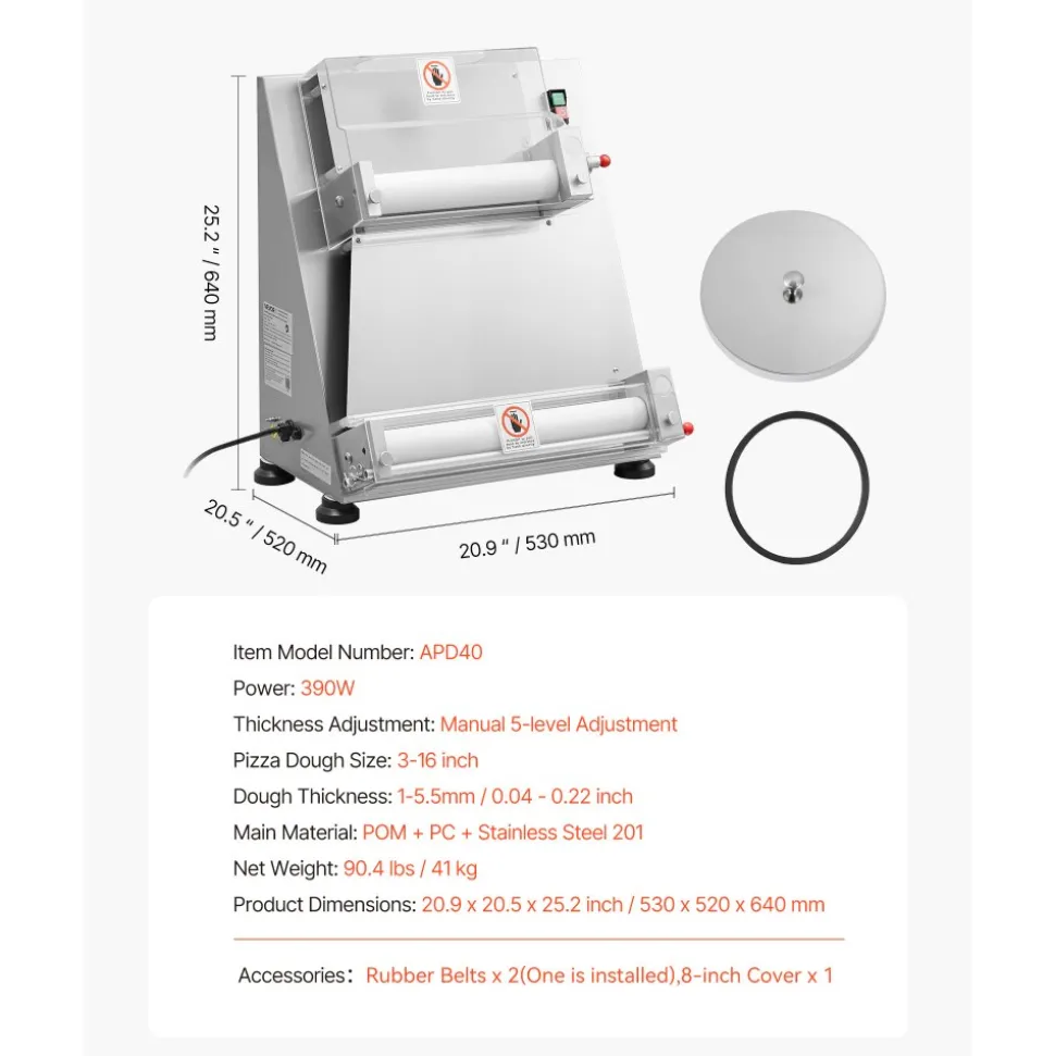 VEVOR Pizza Dough Roller Sheeter, 3-16 Inch Semi-automatic Stainless Steel Pizza Press, Commercial Electric 390W Pasta Maker Machine, 260 pcs Per Hour, Adjustable Thickness, with Dough Press Lid