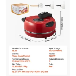 VEVOR Pizza Oven, 14 in Electric Pizza Maker, 1600W Electric Pizzas Cooker with Cordierite Stone, 5-Mode Temperature Control, Viewing Window for Precise Cooking, Heats up to 698 ˚F, for Home Kitchen