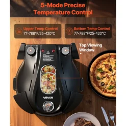 VEVOR Pizza Oven, 12 in Electric Pizza Maker, 1200W Electric Pizzas Cooker with Cordierite Stone, 5-Mode Temperature Control, Viewing Window for Precise Cooking, Heats up to 788 ËšF, for Home (Black)