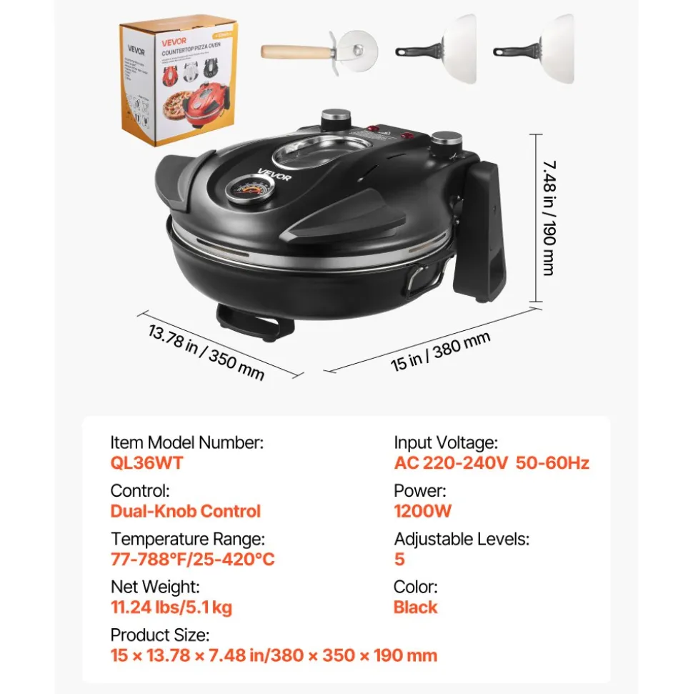 VEVOR Pizza Oven, 12 in Electric Pizza Maker, 1200W Electric Pizzas Cooker with Cordierite Stone, 5-Mode Temperature Control, Viewing Window for Precise Cooking, Heats up to 788 ˚F, for Home (Black)