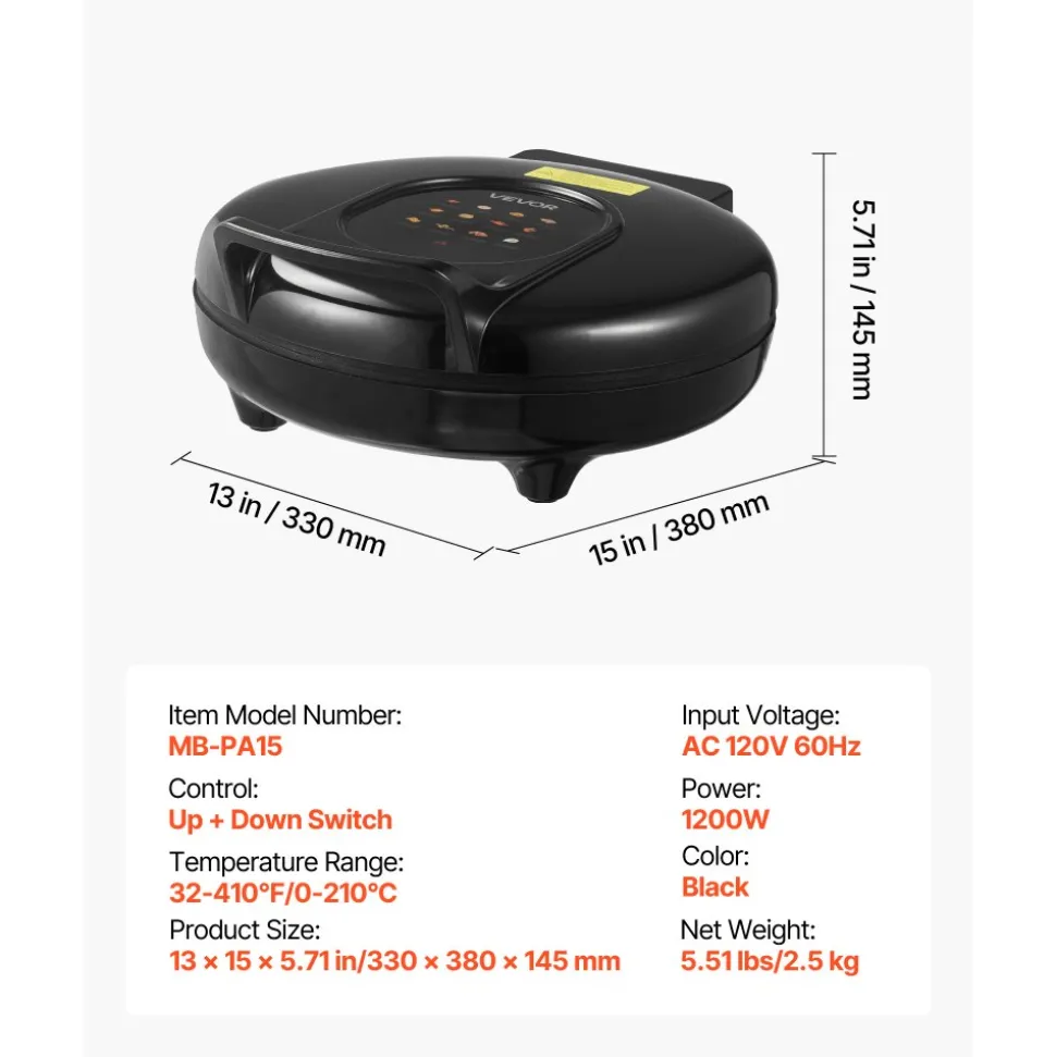 VEVOR Pizza Oven, 12 in Electric Pizza Maker, 1200W Electric Pizzas Cooker with Non-Stick Coating, 180° Open for Dual Side Baking, Heats up to 410 ˚F, Multi-Function Cooking, for Pizzas, Barbecue