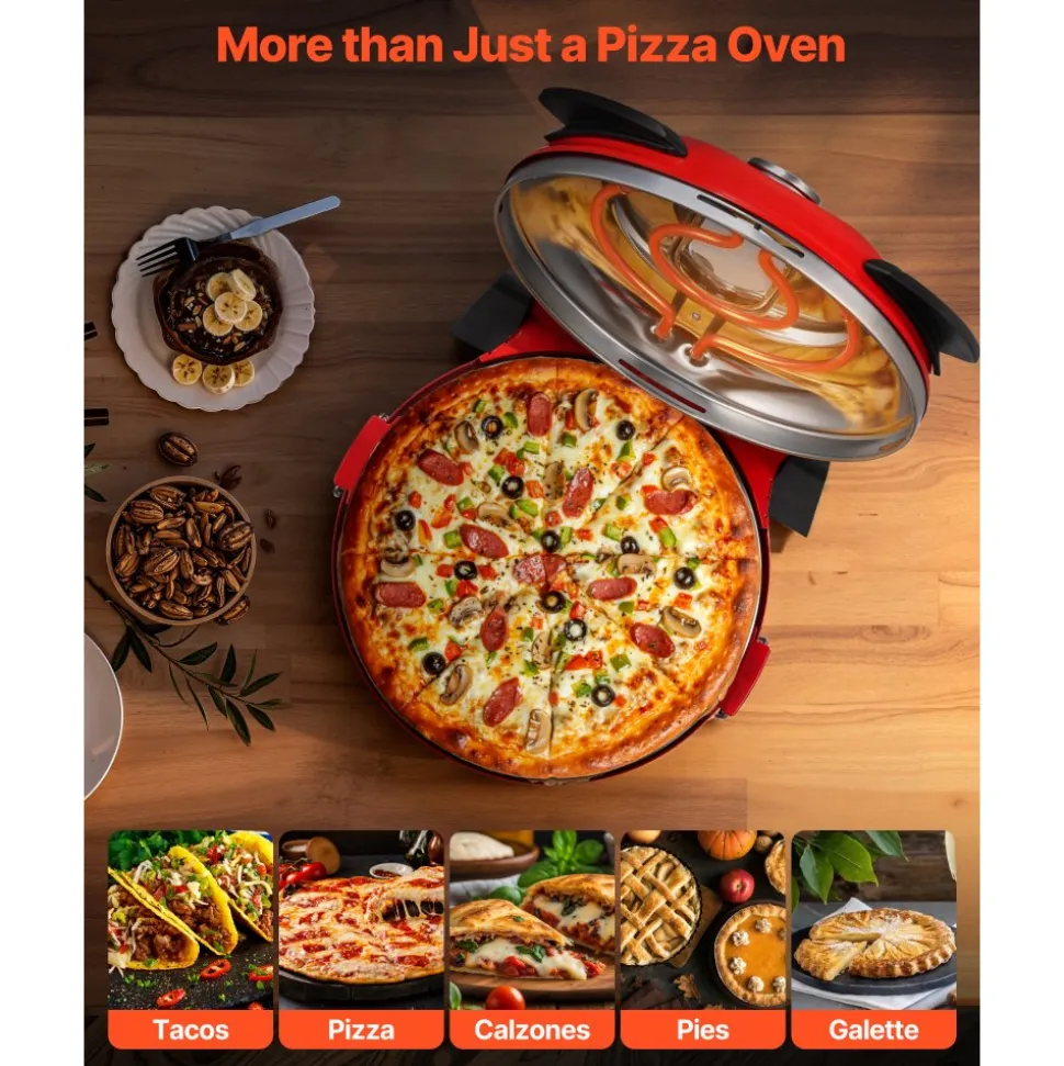 VEVOR Pizza Oven, 12 in Electric Pizza Maker, 1200W Electric Pizzas Cooker with Cordierite Stone, 5-Mode Temperature Control, Viewing Window for Precise Cooking, Heats up to 788 ˚F, for Home (Red)