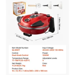 VEVOR Pizza Oven, 12 in Electric Pizza Maker, 1200W Electric Pizzas Cooker with Cordierite Stone, 5-Mode Temperature Control, Viewing Window for Precise Cooking, Heats up to 788 ˚F, for Home (Red)