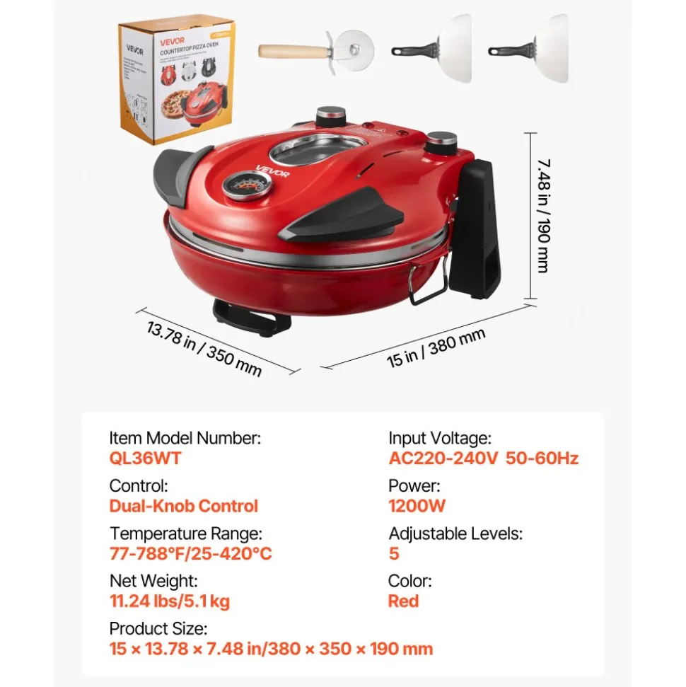 VEVOR Pizza Oven, 12 in Electric Pizza Maker, 1200W Electric Pizzas Cooker with Cordierite Stone, 5-Mode Temperature Control, Viewing Window for Precise Cooking, Heats up to 788 ˚F, for Home (Red)