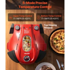 VEVOR Pizza Oven, 12 in Electric Pizza Maker, 1200W Electric Pizzas Cooker with Cordierite Stone, 5-Mode Temperature Control, Viewing Window for Precise Cooking, Heats up to 788 ˚F, for Home (Red)
