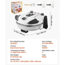 VEVOR Pizza Oven, 12 in Electric Pizza Maker, 1200W Electric Pizzas Cooker with Cordierite Stone, 5-Mode Temperature Control, Viewing Window for Precise Cooking, Heats up to 788 ˚F, for Home (White)