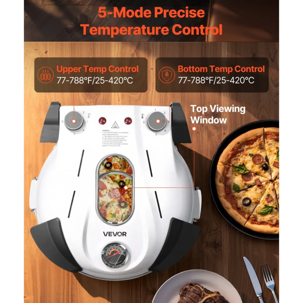 VEVOR Pizza Oven, 12 in Electric Pizza Maker, 1200W Electric Pizzas Cooker with Cordierite Stone, 5-Mode Temperature Control, Viewing Window for Precise Cooking, Heats up to 788 ˚F, for Home (White)