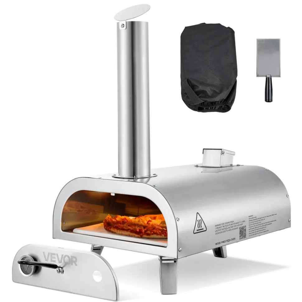 VEVOR Pizza Oven Outdoor, 12" Pellet Pizza Oven, Portable Pizza-Stove with Built-in Thermometer, Wood Fired Stainless Steel Pizza-Maker, for Backyard, Camping, Pizza-Stone, Shovel, Carry Bag, Silver
