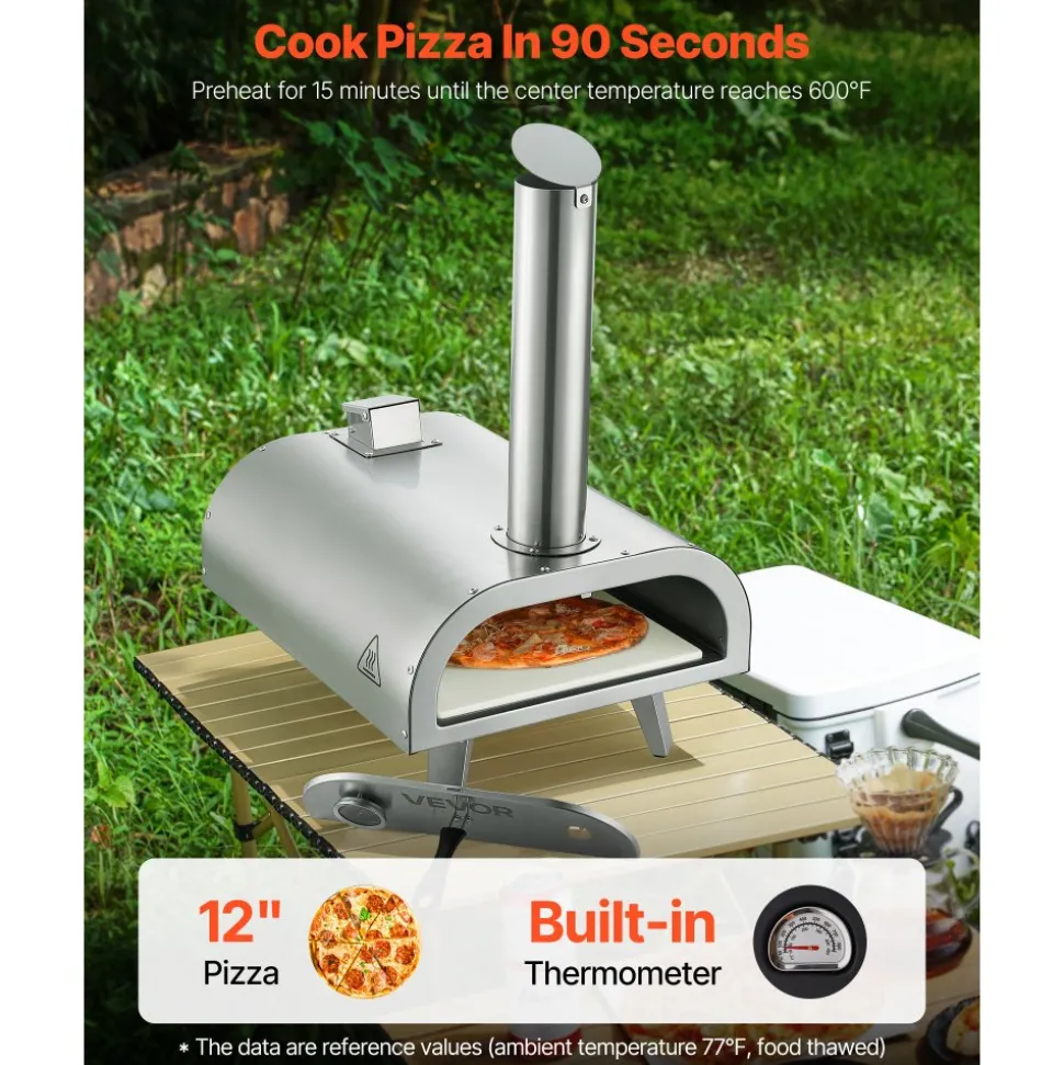 VEVOR Pizza Oven Outdoor, 12" Pellet Pizza Oven, Portable Pizza-Stove with Built-in Thermometer, Wood Fired Stainless Steel Pizza-Maker, for Backyard, Camping, Pizza-Stone, Shovel, Carry Bag, Silver