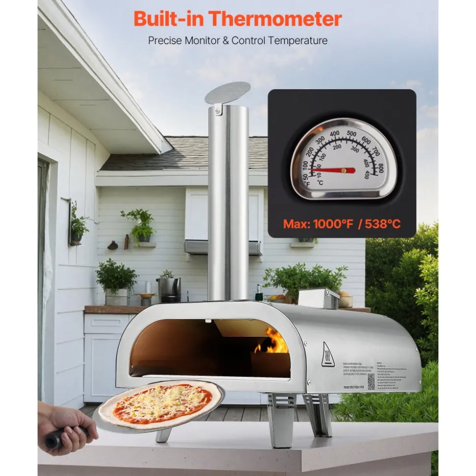VEVOR Pizza Oven Outdoor, 12" Pellet Pizza Oven, Portable Pizza-Stove with Built-in Thermometer, Wood Fired Stainless Steel Pizza-Maker, for Backyard, Camping, Pizza-Stone, Shovel, Carry Bag, Silver