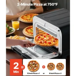 VEVOR Pizza Oven, 8 Presets Electric Pizza Ovens Air Fry Combo, 12-Inch Indoor Pizza Maker Smart Knob Control , 750°F Max Temp, IPX4 Waterproof Countertop Pizza Cooker w/Pizza Stone,Fry Basket