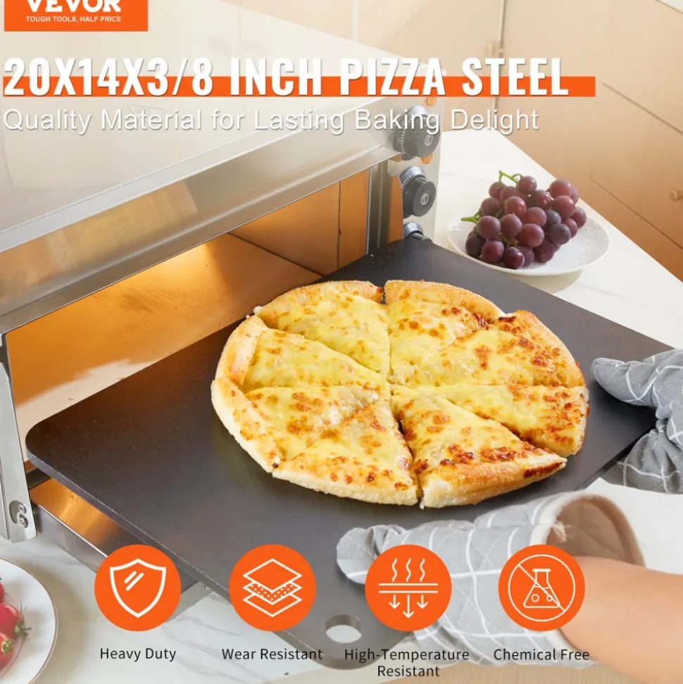 VEVOR Pizza Steel, 20" x 14" x 3/8" Pizza Steel Plate for Oven, Pre-Seasoned Carbon Steel Pizza Baking Stone with 20X Higher Conductivity, Heavy Duty Rustproof Pizza Pan for Outdoor Grill, Indoor Oven