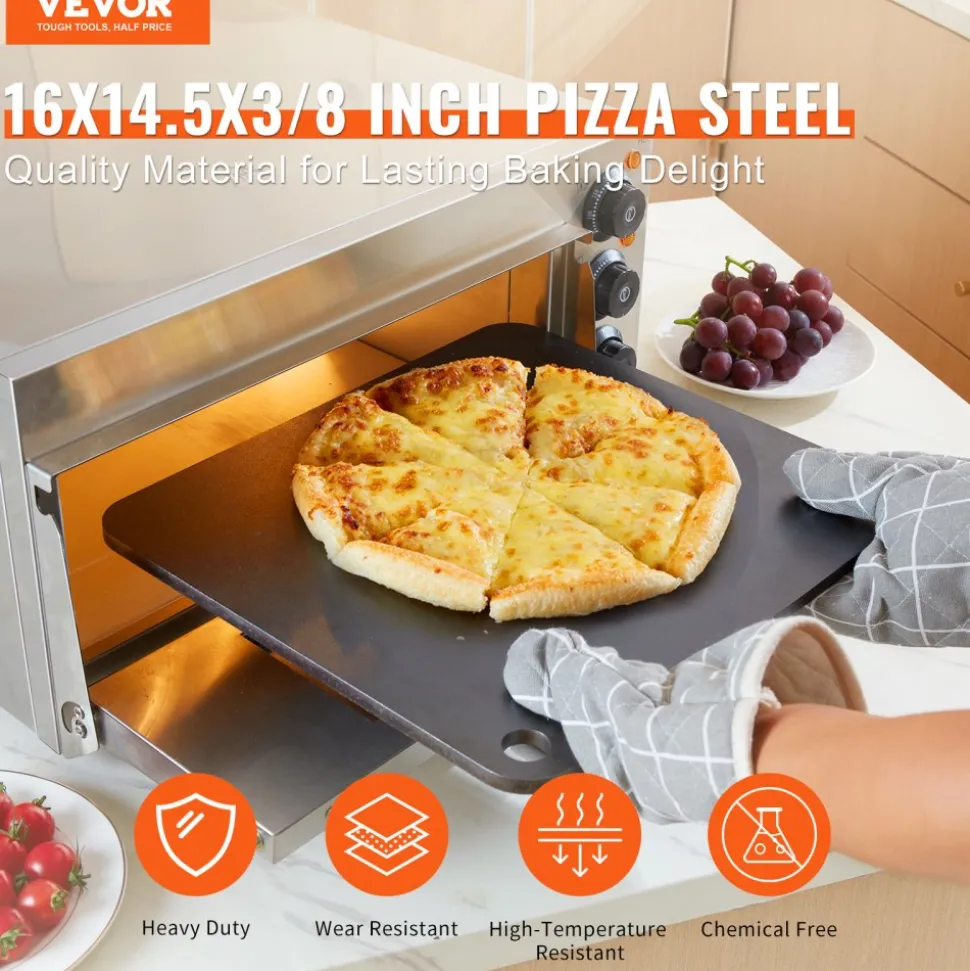 VEVOR Pizza Steel, 16" x 14.5" x 3/8" Pizza Steel Plate for Oven, Pre-Seasoned Carbon Steel Pizza Baking Stone with 20X Higher Conductivity, Heavy Duty Pizza Pan for Outdoor Grill, Indoor Oven
