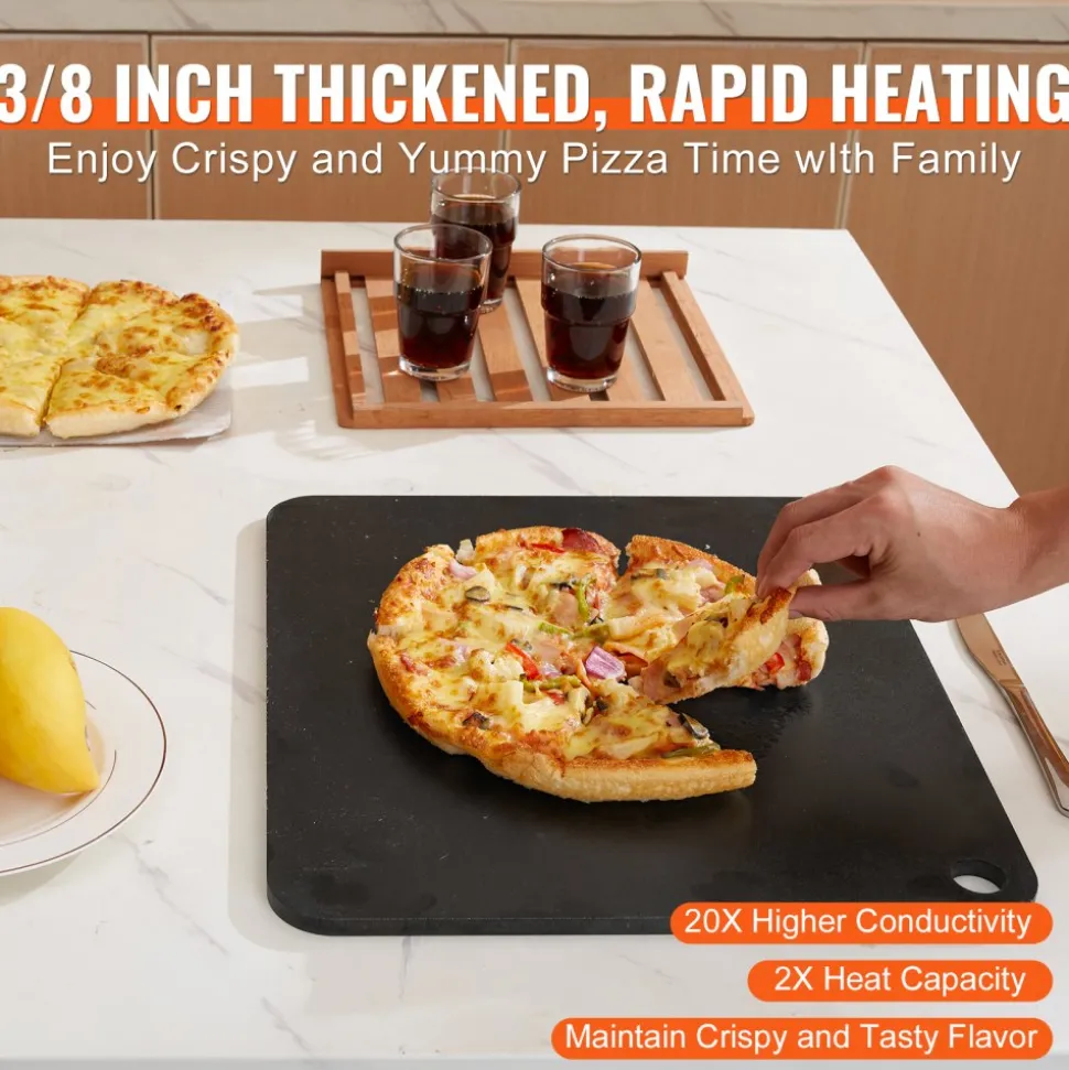 VEVOR Pizza Steel, 16" x 14.5" x 3/8" Pizza Steel Plate for Oven, Pre-Seasoned Carbon Steel Pizza Baking Stone with 20X Higher Conductivity, Heavy Duty Pizza Pan for Outdoor Grill, Indoor Oven