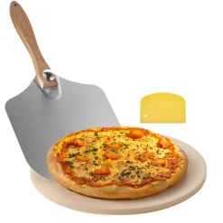 VEVOR Pizza Stone, 15 in Round Pizza Stone,  0.67 in Large Cordierite Baking-Stone with Metal Peel, Scrape, 1450℉ Heat-Resistant Cooking Stones, for Kitchen Oven, Baking Pizzas, BBQ Grilling