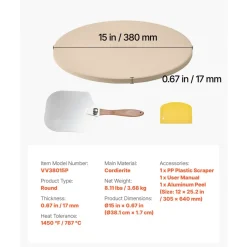 VEVOR Pizza Stone, 15 in Round Pizza Stone, 0.67 in Large Cordierite Baking-Stone with Metal Peel, Scrape, 1450℉ Heat-Resistant Cooking Stones, for Kitchen Oven, Baking Pizzas, BBQ Grilling