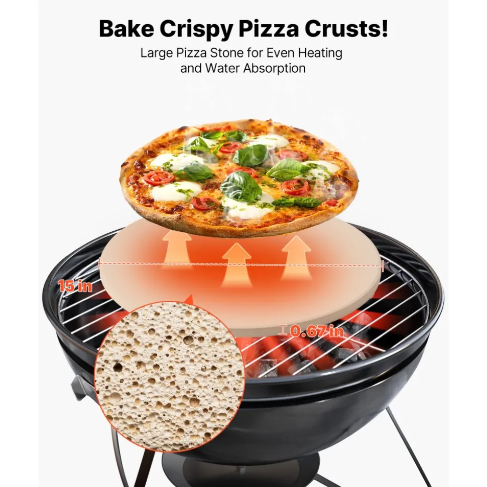 VEVOR Pizza Stone, 15 in Round Pizza Stone, 0.67 in Large Cordierite Baking-Stone with Metal Peel, Scrape, 1450℉ Heat-Resistant Cooking Stones, for Kitchen Oven, Baking Pizzas, BBQ Grilling