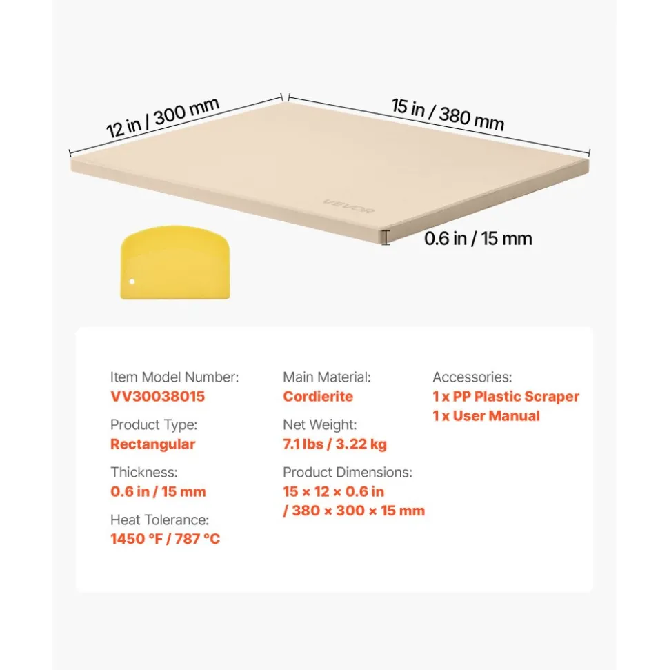 VEVOR Pizza Stone, 15 x 12 in Rectangular Cordierite Pizza Stone, Extra Large Baking-Stone with Scraper, 0.6 in Thick Heat-Resistant Cordierite, for Kitchen Oven, Baking Bread & Pizzas, BBQ Grilling
