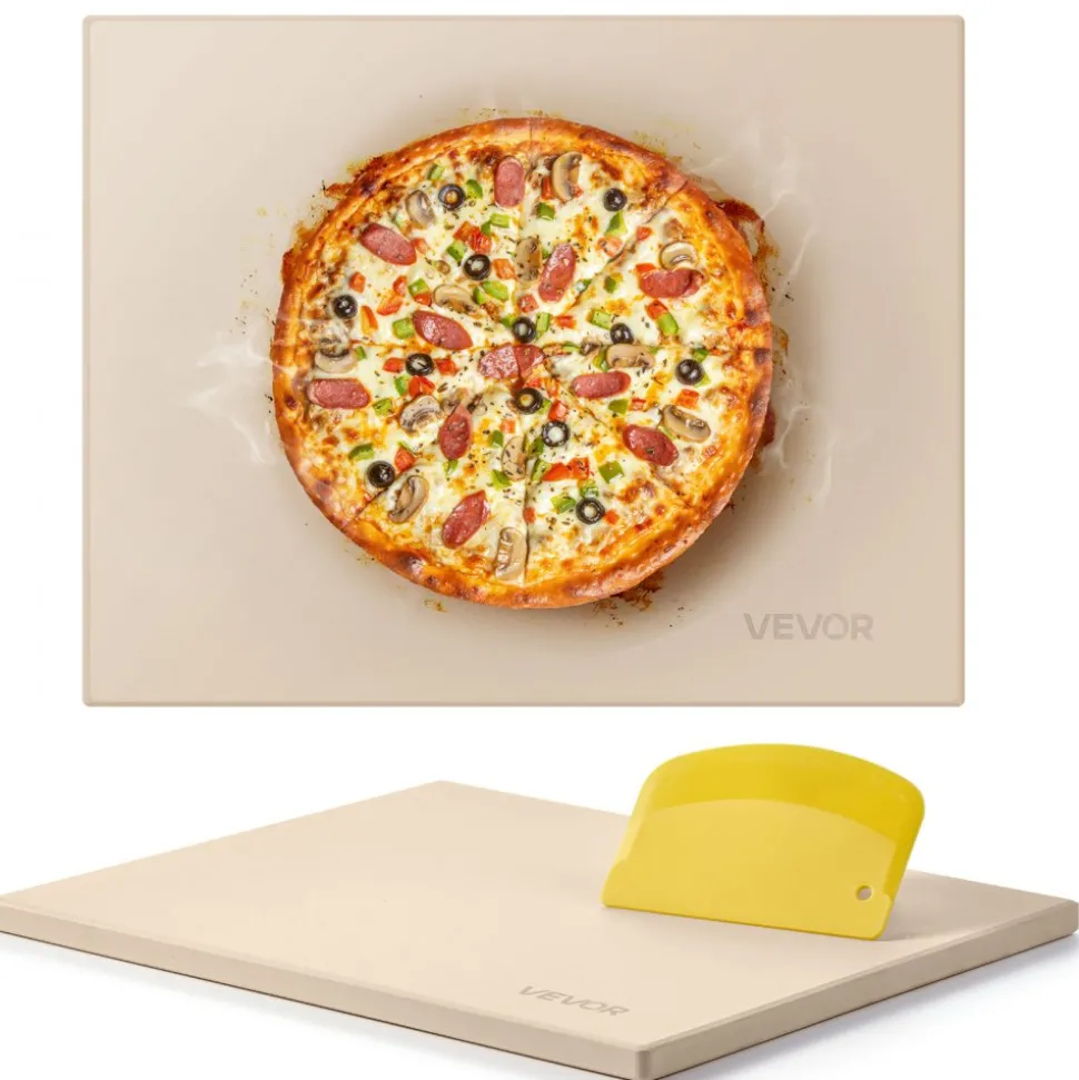 VEVOR Pizza Stone, 15 x 12 in Rectangular Cordierite Pizza Stone, Extra Large Baking-Stone with Scraper, 0.6 in Thick Heat-Resistant Cordierite, for Kitchen Oven, Baking Bread & Pizzas, BBQ Grilling