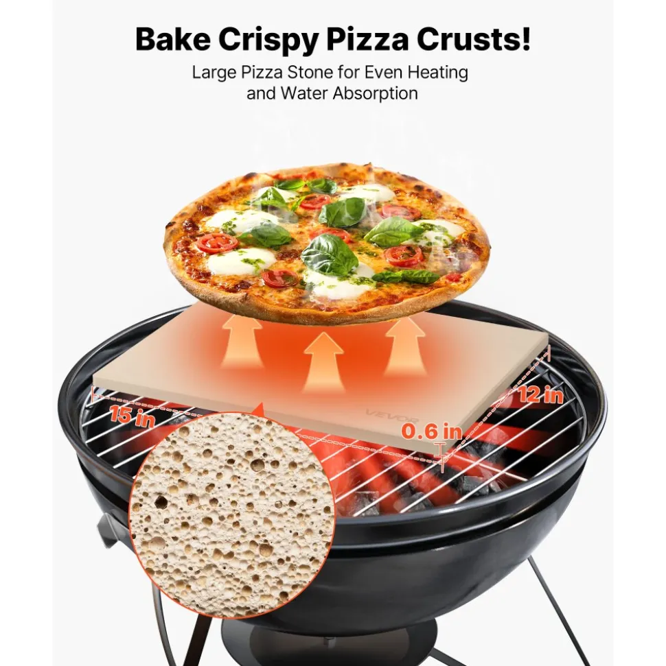 VEVOR Pizza Stone, 15 x 12 in Rectangular Cordierite Pizza Stone, Extra Large Baking-Stone with Scraper, 0.6 in Thick Heat-Resistant Cordierite, for Kitchen Oven, Baking Bread & Pizzas, BBQ Grilling