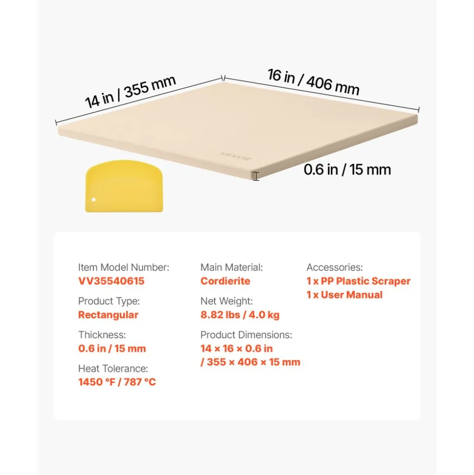 VEVOR Pizza Stone, 16 x 14 x 0.6 Inch Rectangular Cordierite Pizza Stone, Large Baking-Stone with Scraper, 1450℉ Heat-Resistant Cordierite Cooking Stones for Kitchen Bake Oven, BBQ Grilling