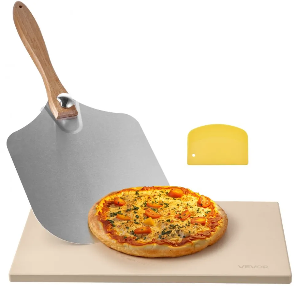 VEVOR Pizza Stone, 22 x 14 x 0.6 in Rectangular Cordierite Pizza Stone, 1450℉ Heat-Resistant Cook Stone, Extra Large Baking-Stone with Metal Peel, Scraper, for Kitchen Bake Oven, BBQ Grill