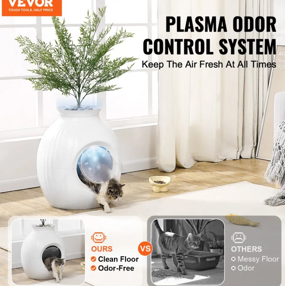 VEVOR Plant Cat Litter Box, Smart Odor Control System, Hidden Cat Litter Box with 9.48 in Large Entrance, Lighting Decoration & Sturdy ABS Material, Fit for Living Room/Corner/Outdoor Pool/Patio