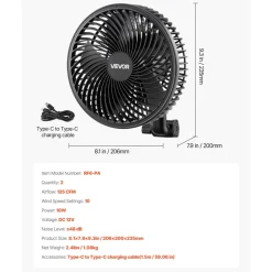 VEVOR Plant Fan, Grow Tent Clip On Fan, Type-C Port with 9 Speeds & Circulation Mode, Smart Control, Powerful Oscillating, for Hydroponics Circulation Cooling, Black, 2 Pack