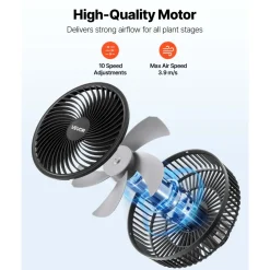VEVOR Plant Fan, Grow Tent Clip On Fan, Type-C Port with 9 Speeds & Circulation Mode, Smart Control, Powerful Oscillating, for Hydroponics Circulation Cooling, Black, 1 Pack