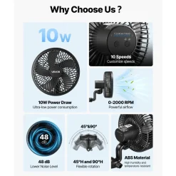 VEVOR Plant Fan, Grow Tent Clip On Fan, Type-C Port with 9 Speeds & Circulation Mode, Smart Control, Powerful Oscillating, for Hydroponics Circulation Cooling, Black, 1 Pack