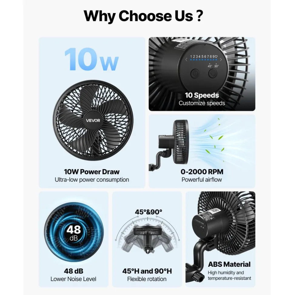 VEVOR Plant Fan, Grow Tent Clip On Fan, Type-C Port with 9 Speeds & Circulation Mode, Smart Control, Powerful Oscillating, for Hydroponics Circulation Cooling, Black, 1 Pack