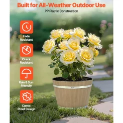 VEVOR Plant Pots, 4 Pack 11.81 inch Whiskey Barrel Planters with Drainage Holes, Large Outside Plastic Decoration Flower Pot Imitation Wine Barrel Design for Indoor Outdoor Garden Home Plants, Brown