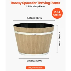 VEVOR Plant Pots, 4 Pack 11.81 inch Whiskey Barrel Planters with Drainage Holes, Large Outside Plastic Decoration Flower Pot Imitation Wine Barrel Design for Indoor Outdoor Garden Home Plants, Brown