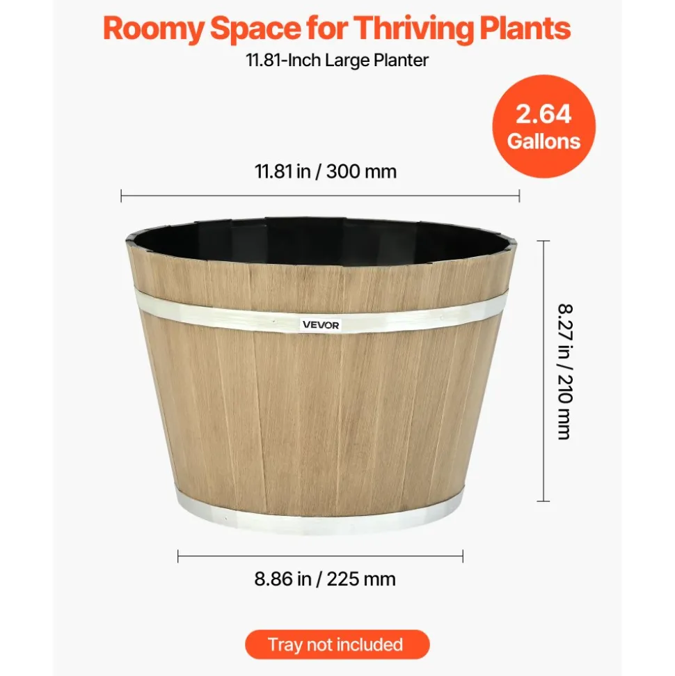 VEVOR Plant Pots, 4 Pack 11.81 inch Whiskey Barrel Planters with Drainage Holes, Large Outside Plastic Decoration Flower Pot Imitation Wine Barrel Design for Indoor Outdoor Garden Home Plants, Brown