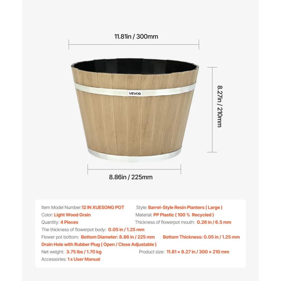 VEVOR Plant Pots, 4 Pack 11.81 inch Whiskey Barrel Planters with Drainage Holes, Large Outside Plastic Decoration Flower Pot Imitation Wine Barrel Design for Indoor Outdoor Garden Home Plants, Brown