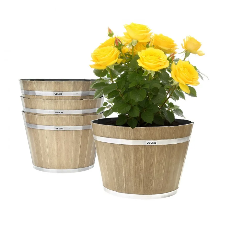 VEVOR Plant Pots, 4 Pack 11.81 inch Whiskey Barrel Planters with Drainage Holes, Large Outside Plastic Decoration Flower Pot Imitation Wine Barrel Design for Indoor Outdoor Garden Home Plants, Brown