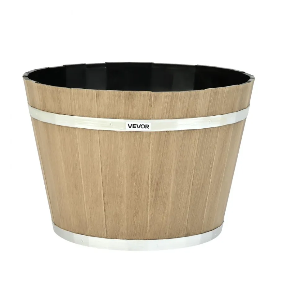 VEVOR Plant Pots, 4 Pack 11.81 inch Whiskey Barrel Planters with Drainage Holes, Large Outside Plastic Decoration Flower Pot Imitation Wine Barrel Design for Indoor Outdoor Garden Home Plants, Brown