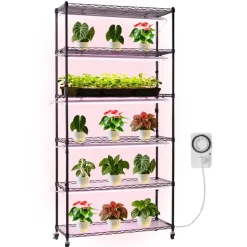 VEVOR Plant Shelf with Grow Light, 6-Tier Indoor Plant Stand, 71in Tall Indoor Plants Display Rack with Wheels & Timer, 150W 3800K Full Spectrum Grow Lights, Metal Flower Pot Holder for Seed Starting