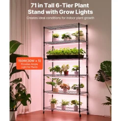 VEVOR Plant Shelf with Grow Light, 6-Tier Indoor Plant Stand, 71in Tall Indoor Plants Display Rack with Wheels & Timer, 150W 3800K Full Spectrum Grow Lights, Metal Flower Pot Holder for Seed Starting
