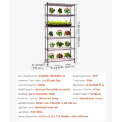 VEVOR Plant Shelf with Grow Light, 6-Tier Indoor Plant Stand, 71in Tall Indoor Plants Display Rack with Wheels & Timer, 150W 3800K Full Spectrum Grow Lights, Metal Flower Pot Holder for Seed Starting