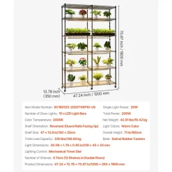 VEVOR Plant Shelf with Grow Light, 6-Tier Indoor Plant Stand, 71in Tall Plants Display Rack with Wheels & 4/9/14H Timer, 150W 3-Color Full Spectrum Grow Lights, Flower Pot Holder for Seed Starting