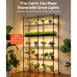 VEVOR Plant Shelf with Grow Light, 6-Tier Indoor Plant Stand, 71in Tall Plants Display Rack with Wheels & 4/9/14H Timer, 150W 3-Color Full Spectrum Grow Lights, Flower Pot Holder for Seed Starting