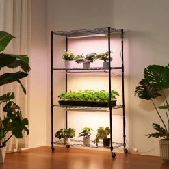 VEVOR Plant Shelf with Grow Light, 4-Tier Indoor Plant Stand, 59in Tall Plants Display Rack with Wheels, 90W 3-Color Full Spectrum Grow Lights, Heavy Duty Metal Flower Pot Holder for Seed Starting